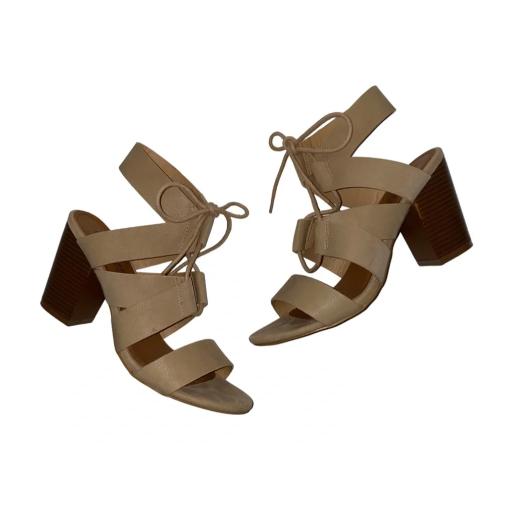Faux Suede Tan and Brown lace up block heel sandals - Picture 1 of 9